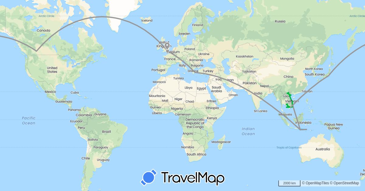 TravelMap itinerary: driving, bus, plane, boat, motorbike in Canada, United Kingdom, Greece, Indonesia, Japan, Cambodia, Malaysia, Singapore, Vietnam (Asia, Europe, North America)